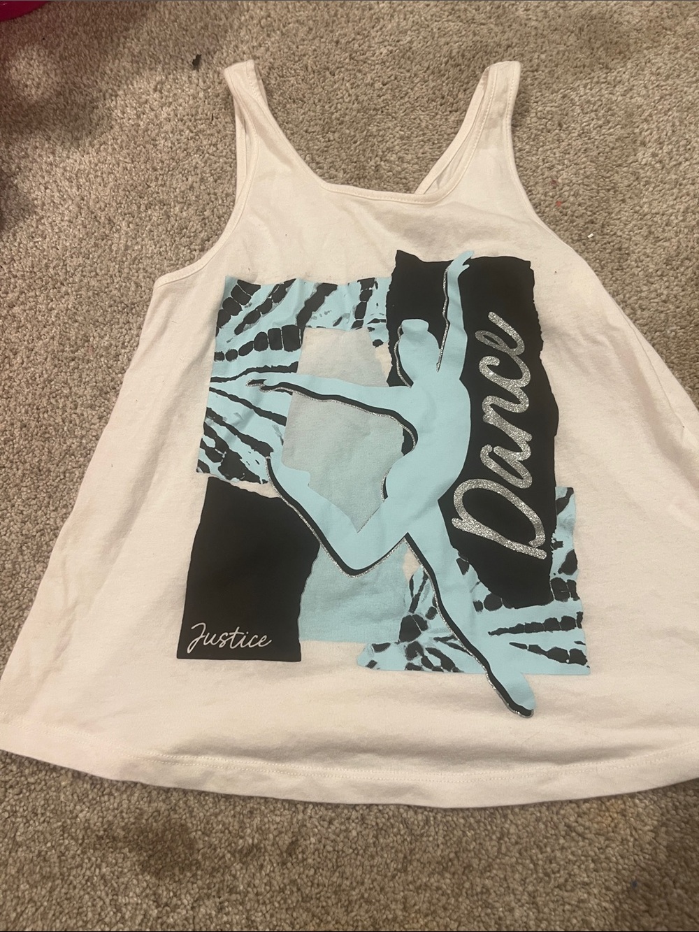 Justice White Tank with Light Blue and Black Dance Graphic